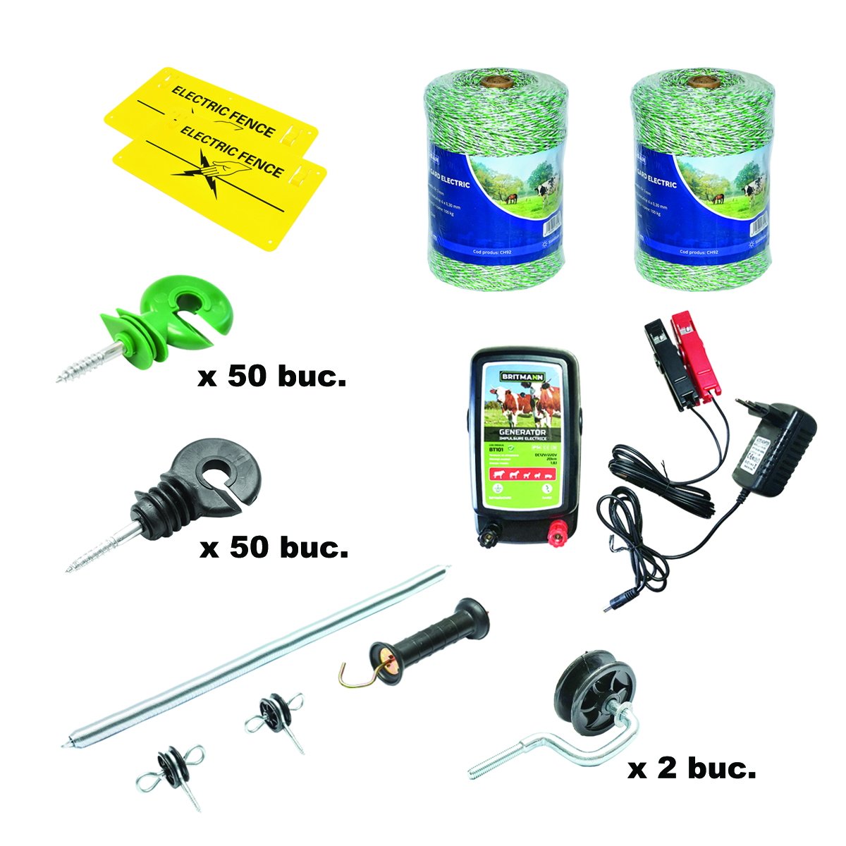 Kit complet gard electric 12/220V, 1.8 Joule, lungime fir 2x500m, 100 izolatori, maner, poarta si 2 placute avertizare Breckner Germany